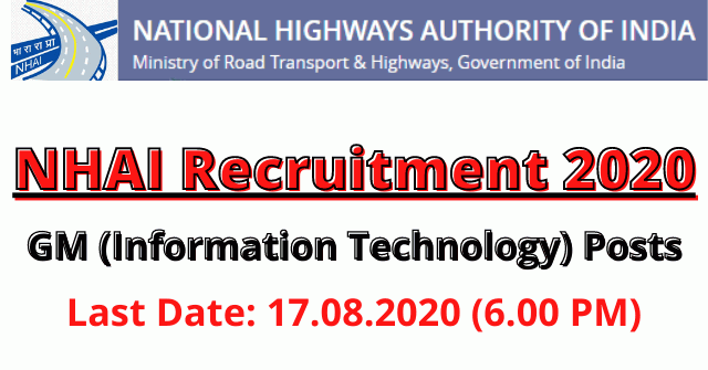 NHAI Recruitment 2020: Apply Online For GM (Information Technology) Posts