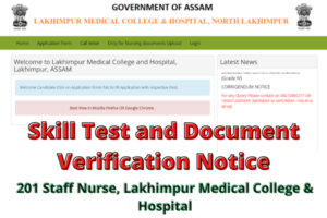 Skill Test and Document Verification Notice for 201 Staff Nurse, Lakhimpur Medical College & Hospital
