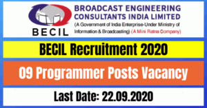 BECIL Recruitment 2020: Apply for 09 Programmer Posts Vacancy