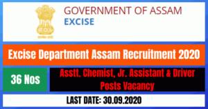 Excise Department Assam Recruitment 2020: Apply Online For 36 Asstt. Chemist, Jr. Assistant & Driver Posts Vacancy