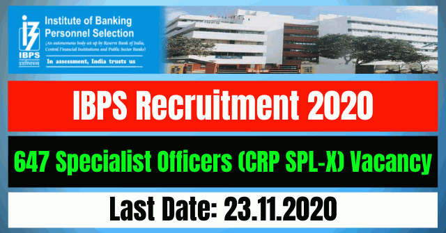 IBPS Recruitment 2020: Apply Online For 647 Specialist Officers (CRP SPL-X) Vacancy