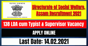 Social Welfare Recruitment 2021: 138 LDA cum Typist & Supervisor Vacancy